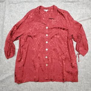 John Mark Top Womens 2X Button Front Satin Animal Print 3/4 Ruched Sleeve Artsy